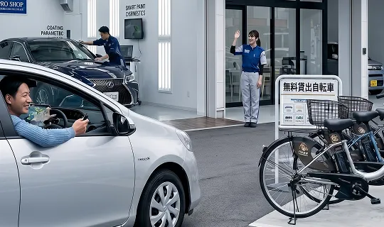 貸出自転車と店舗スタッフの様子
